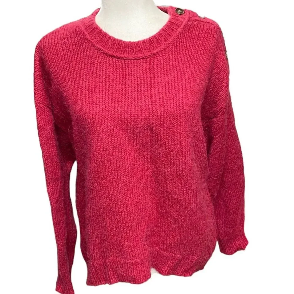 J.Crew Size M Alpaca Wool Raspberry Red Shoulder Button Fuzzy Pullover Sweater